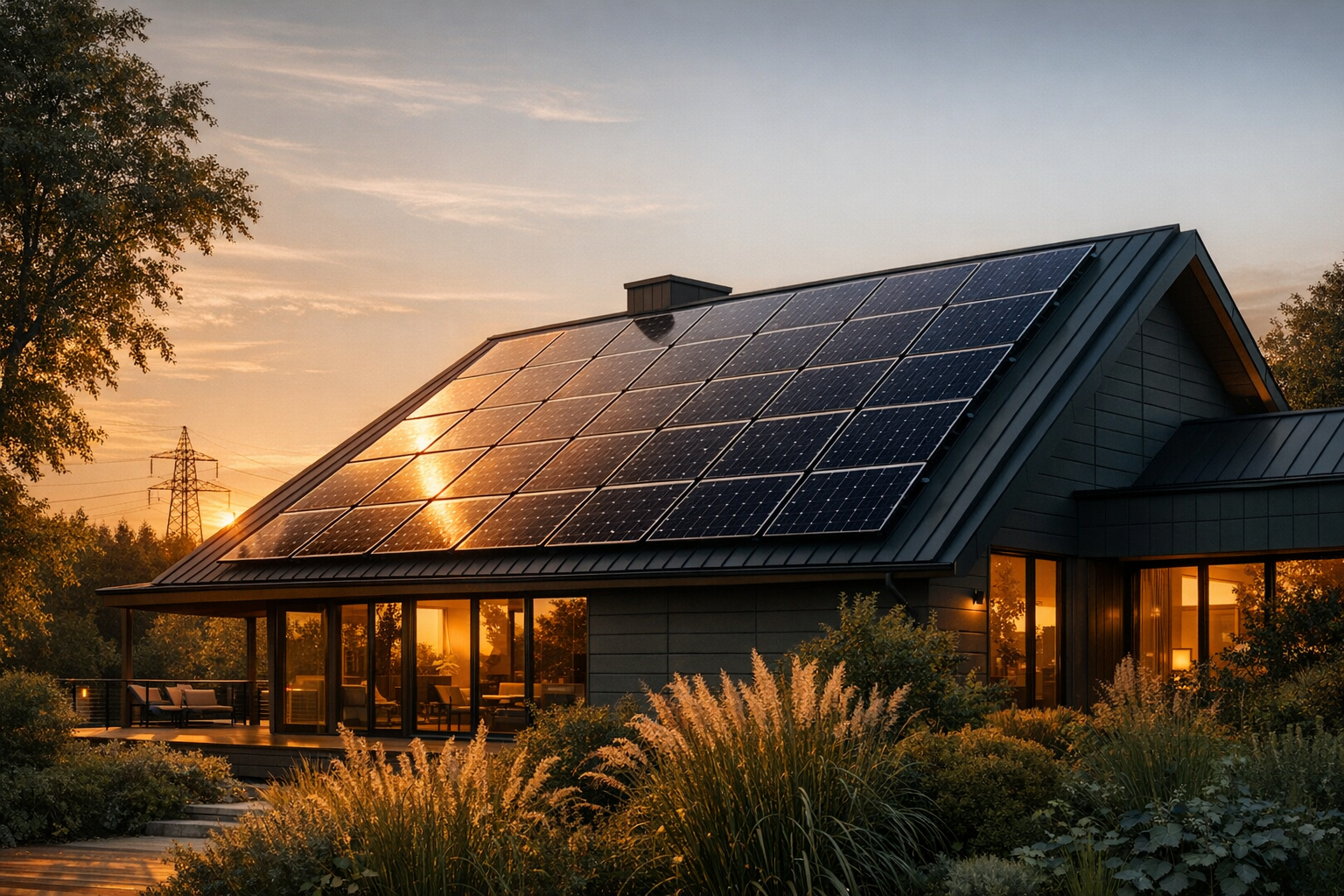 Maison durable équipée de panneaux solaires au soleil bas